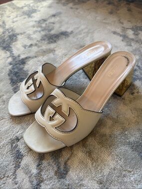 Gucci Cream Open-Toe Marmont Mules with Gold Block Heel
